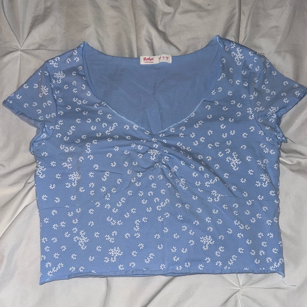 Blue and white floral print crop top